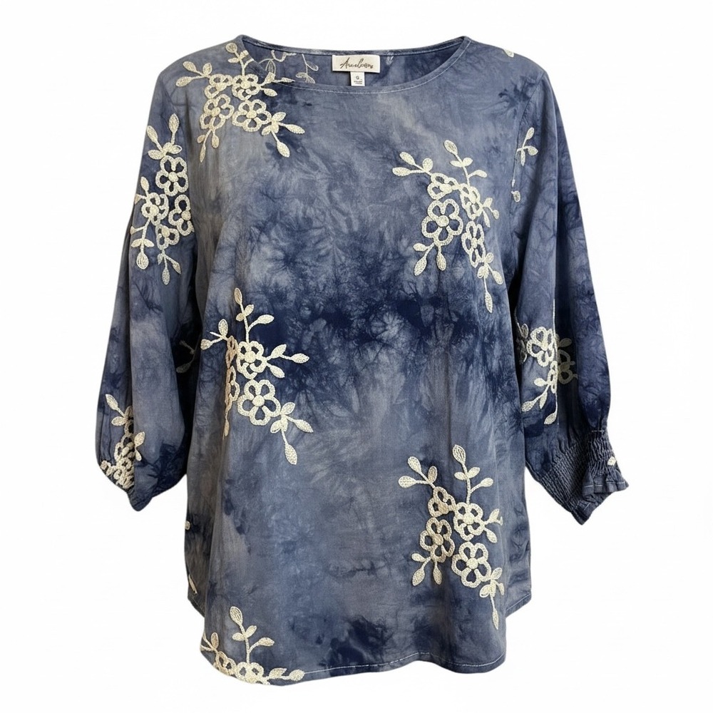 Annaliese Tie Dye Embroidered Top XL Blue White 3/4 Sleeve Boho